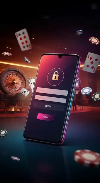 Beep Beep Casino Login-Bildschirm auf einem Smartphone und einem Laptop, mit einem Cartoon-Charakter und Sicherheitselementen
